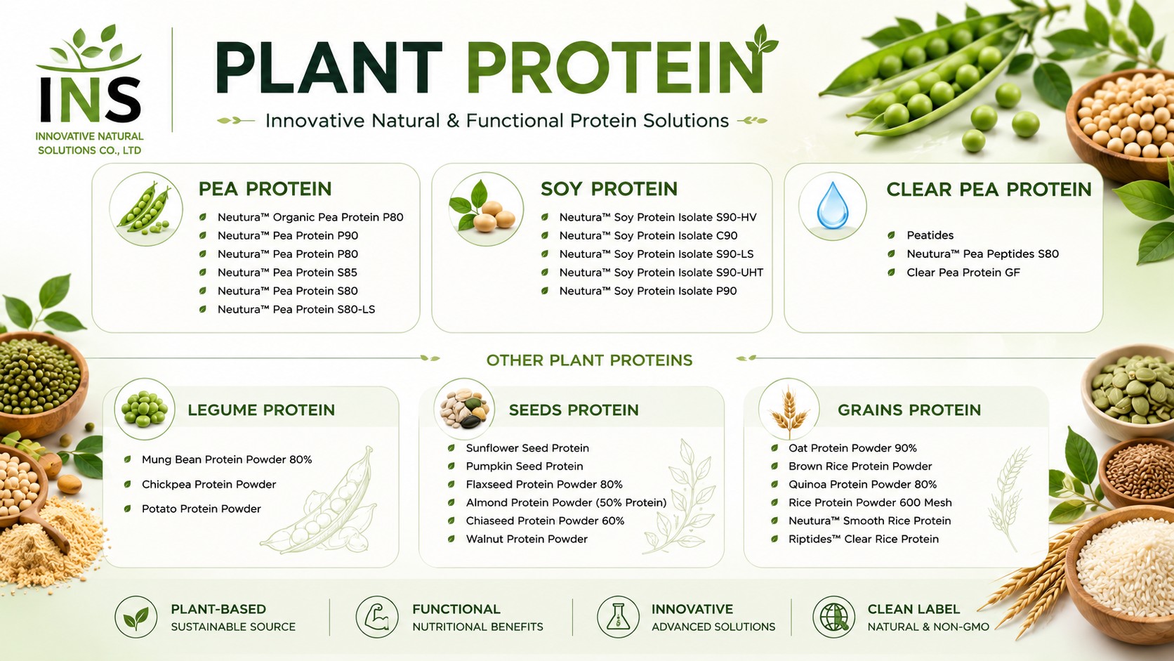 Plant-Protein-overview INS Neutura plant protein solutions — pea, soy, clear pea, legume, seeds and grains protein powder