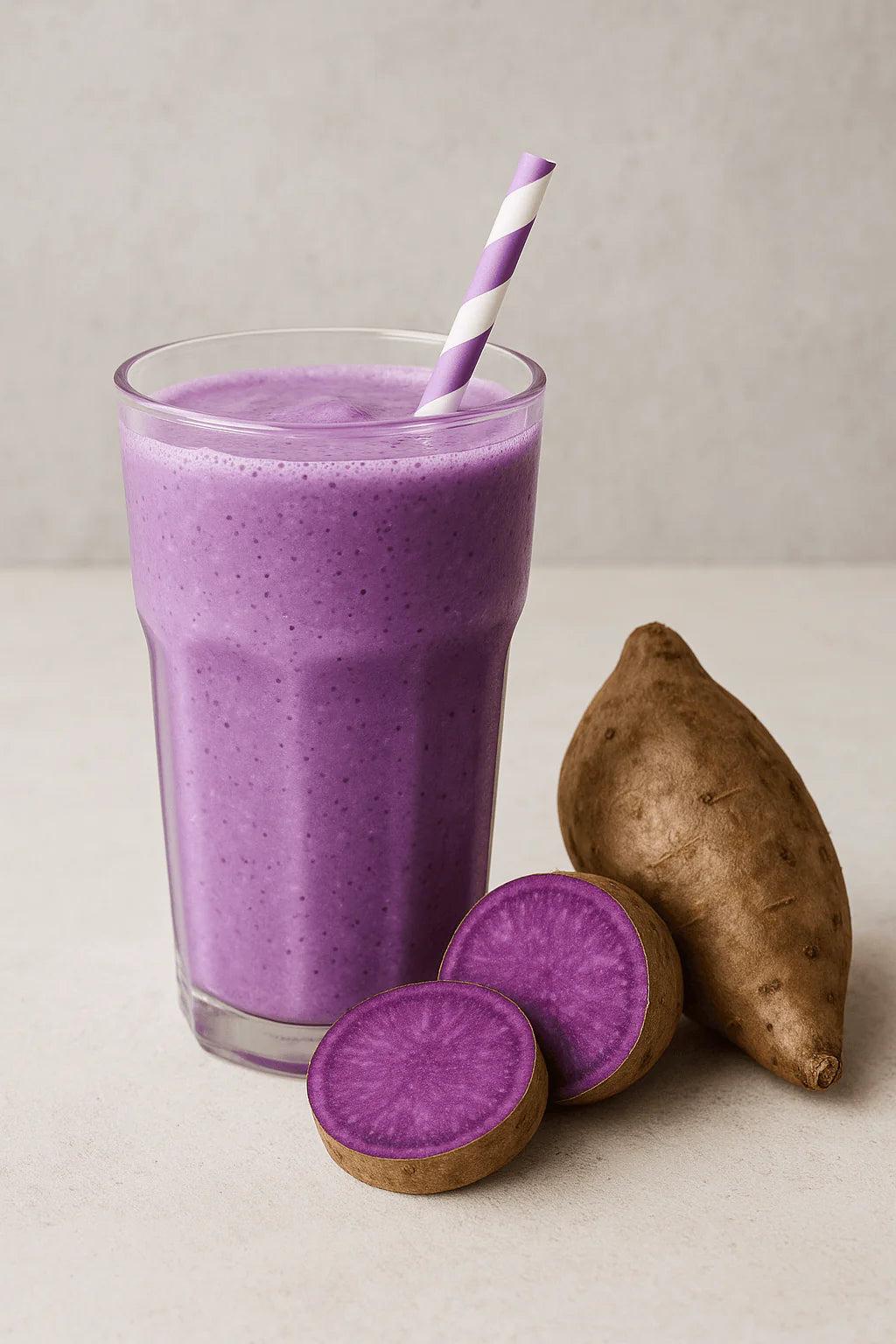 Purple sweet potato smoothie — vibrant color with a mild, naturally sweet flavor.